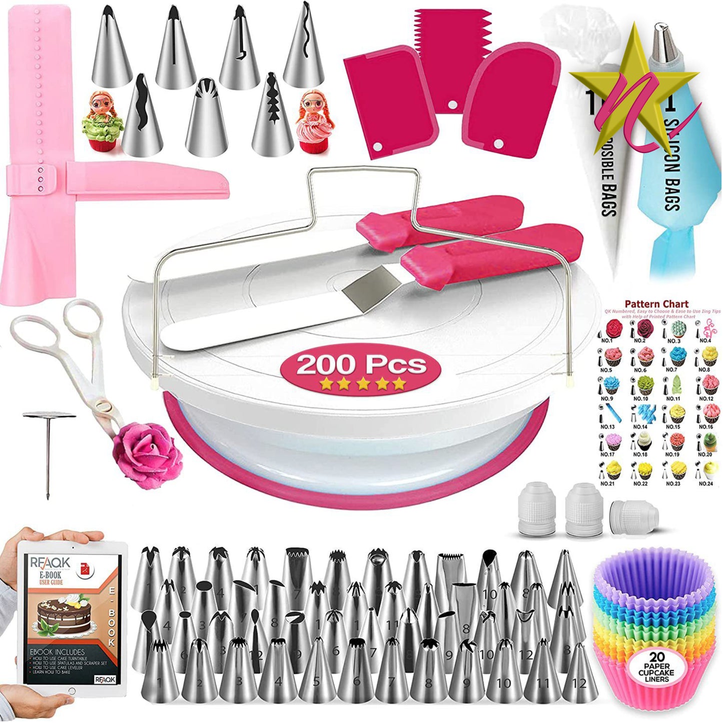 Kit Plateau Tournant pour Décoration de Gâteaux - 200 Accessoires Inclus pour Pâtisserie