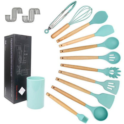 Set de 11 Ustensiles de Cuisine en Silicone & Bois – Pratique & Résistant !