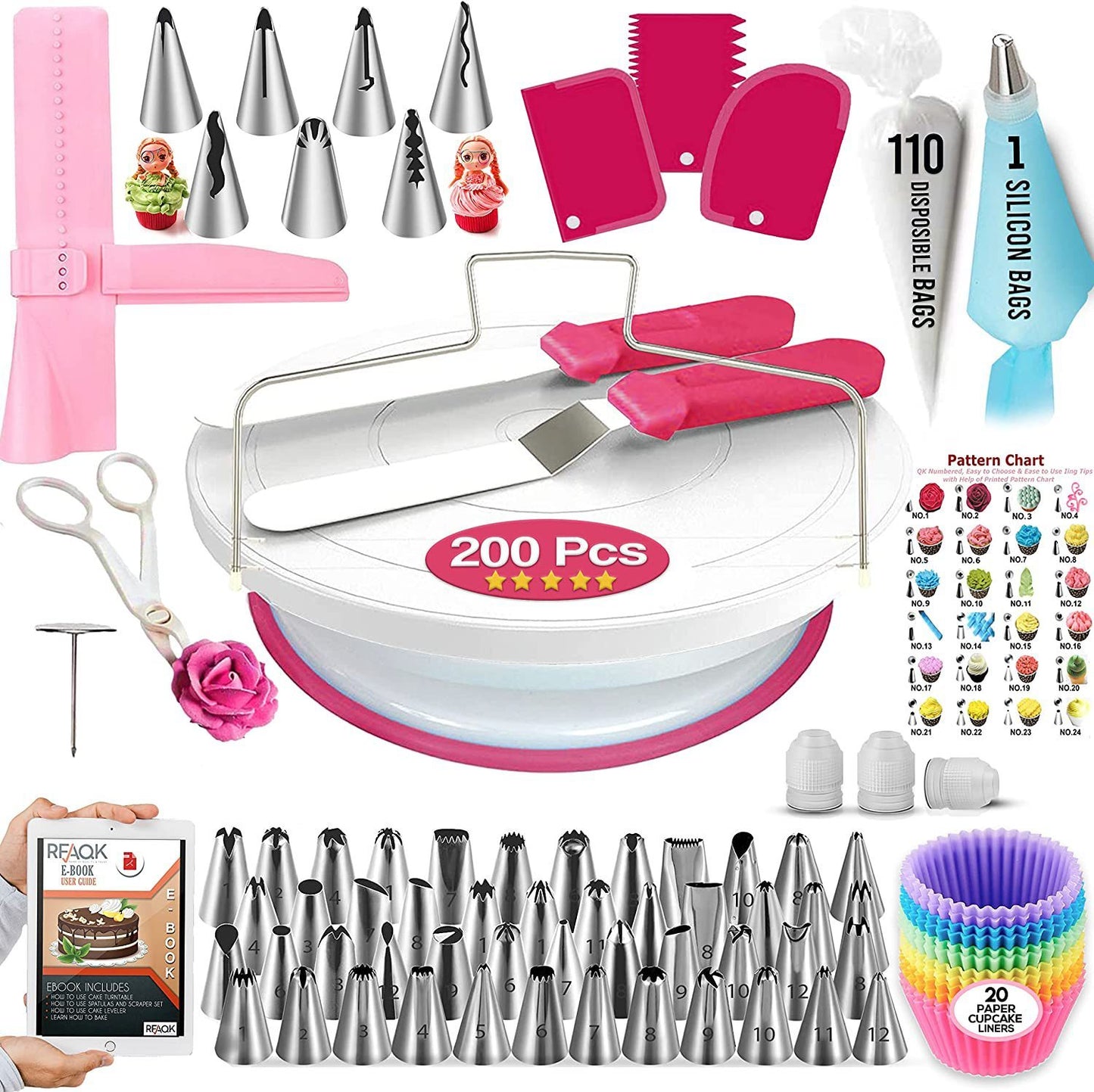 Kit Plateau Tournant pour Décoration de Gâteaux - 200 Accessoires Inclus pour Pâtisserie